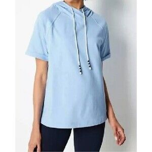 J. JILL FIT Blue Elevate Terry Elbow-Sleeve Hooded Sweatshirt Top Size Large